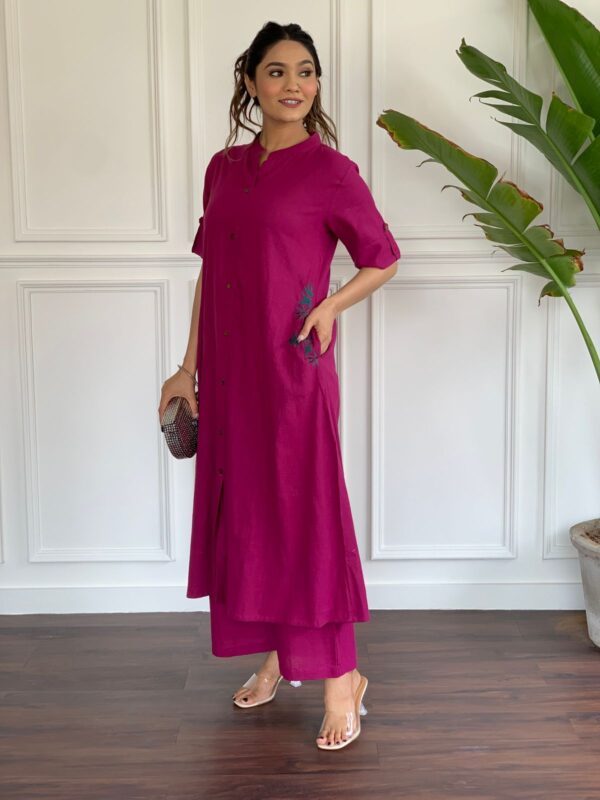 Premium Cotton Slub Kurta Set with Hand Embroidery & Plazo - Image 5
