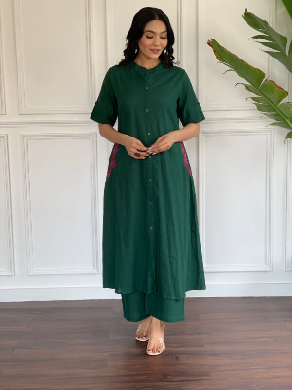 Premium Cotton Slub Kurta Set with Hand Embroidery & Plazo - Image 2