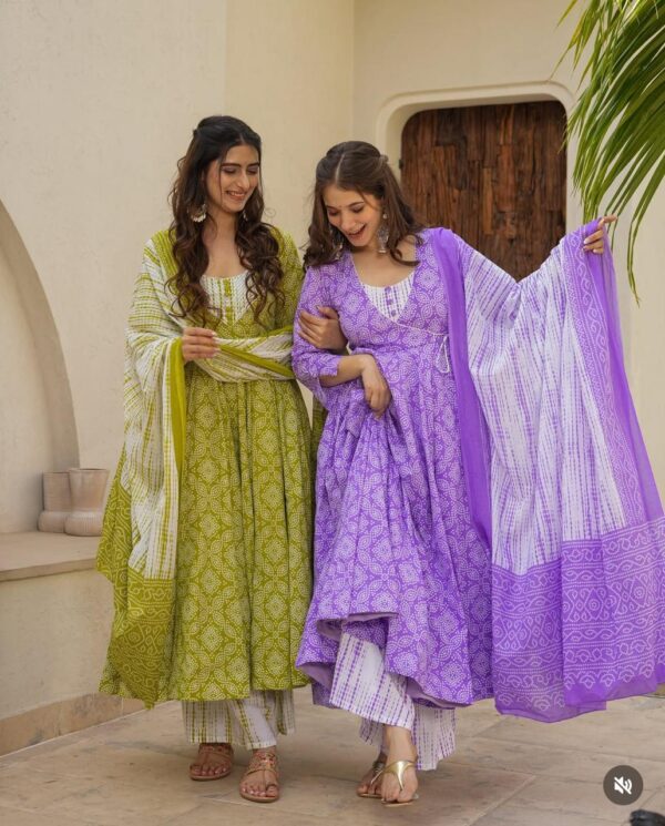 Elegant Anarkali Angrakha Style Cotton Kurta Set – Printed & Flaired - Image 7