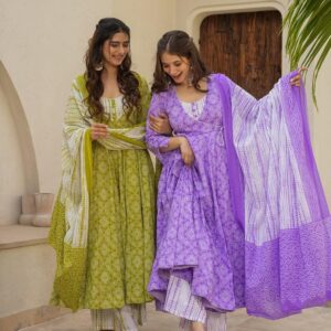 Elegant Anarkali Angrakha Style Cotton Kurta Set – Printed & Flaired