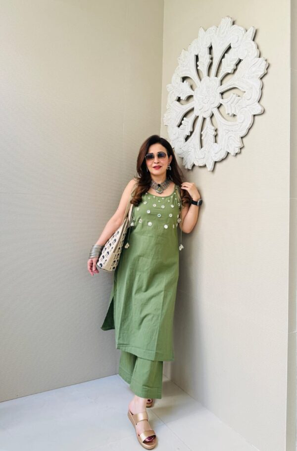 Summer Special Cotton Slub Cord Set – Sleeveless Kurta with Mirror Work - Image 5