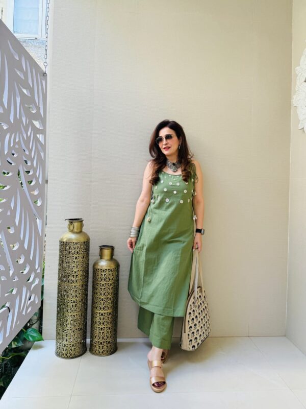 Summer Special Cotton Slub Cord Set – Sleeveless Kurta with Mirror Work - Image 2
