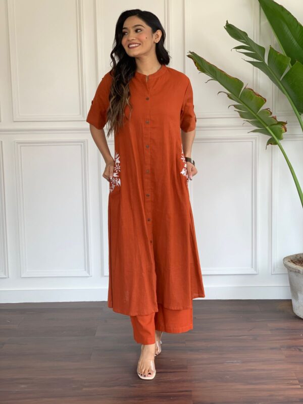 Premium Cotton Slub Kurta Set with Hand Embroidery & Plazo - Image 3