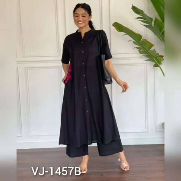 Premium Cotton Slub Kurta Set with Hand Embroidery & Plazo - Image 10