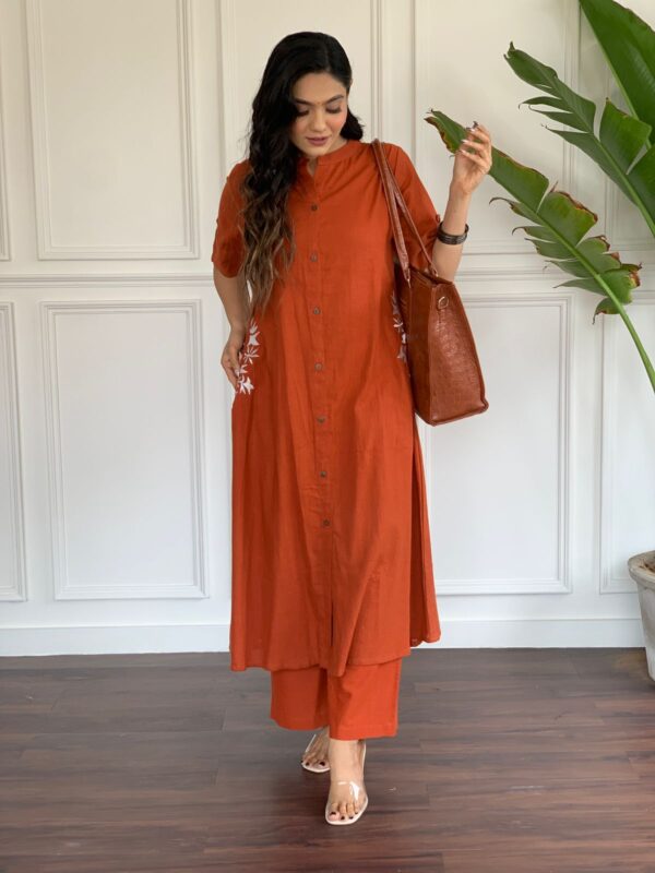 Premium Cotton Slub Kurta Set with Hand Embroidery & Plazo - Image 12