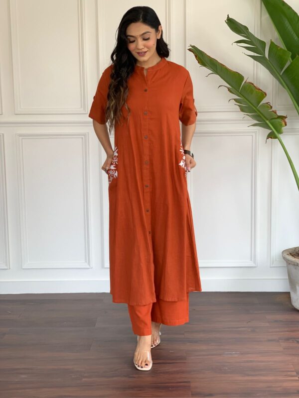 Premium Cotton Slub Kurta Set with Hand Embroidery & Plazo - Image 14