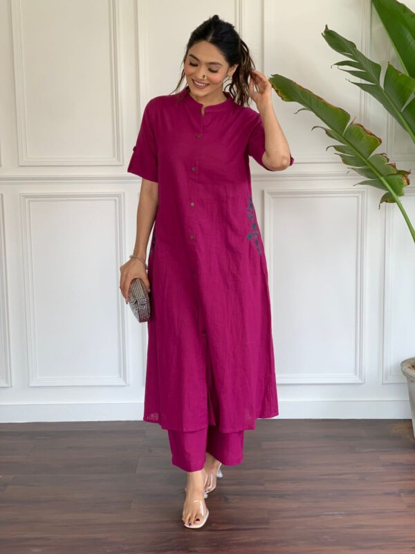 Premium Cotton Slub Kurta Set with Hand Embroidery & Plazo - Image 8