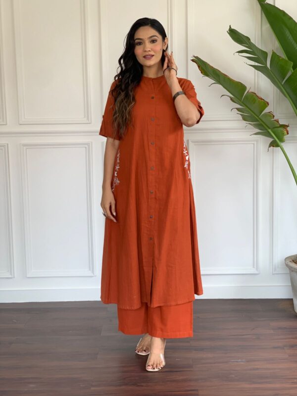 Premium Cotton Slub Kurta Set with Hand Embroidery & Plazo - Image 6