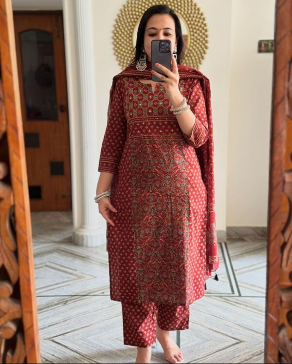 Mughal Block Printed Three-Piece Kurti Set with Mulmul Dupatta - Image 6