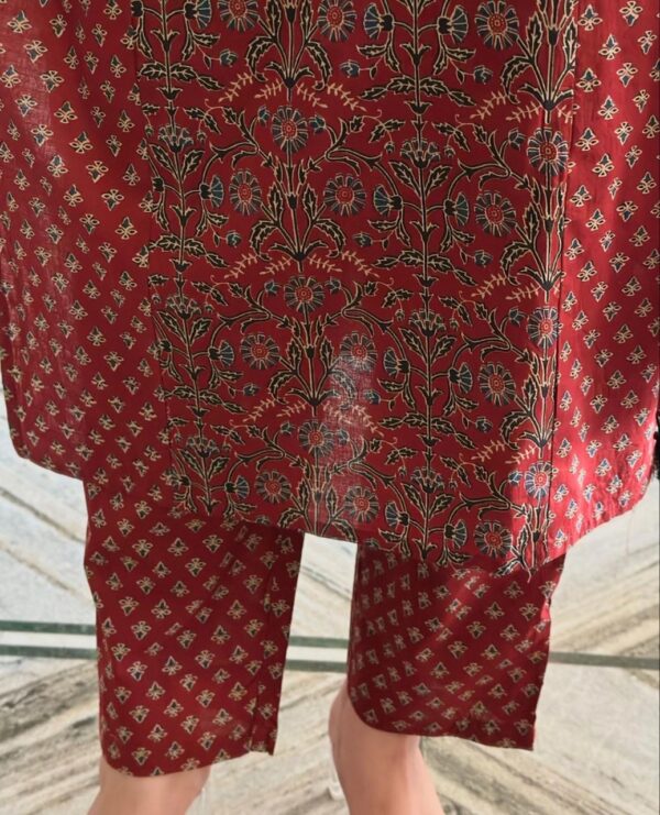 Mughal Block Printed Three-Piece Kurti Set with Mulmul Dupatta - Image 7