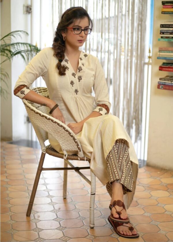 REYON Fabric A-Line Kurta Set with Embroidered Border & Printed Bottom - Image 4