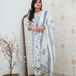 Summer Something Floral Printed Cotton Kurta Set with Pleated Salwar & Dupatta