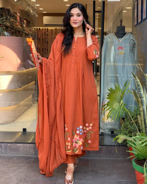 Pure Cotton Kurta Set with PrintEx & Hand Moti Work  – Floral Embroidery & Malmal Dupatta - Image 2