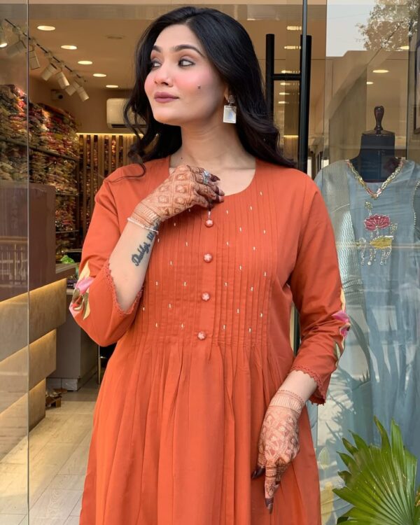 Pure Cotton Kurta Set with PrintEx & Hand Moti Work  – Floral Embroidery & Malmal Dupatta - Image 9