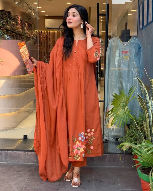 Pure Cotton Kurta Set with PrintEx & Hand Moti Work  – Floral Embroidery & Malmal Dupatta