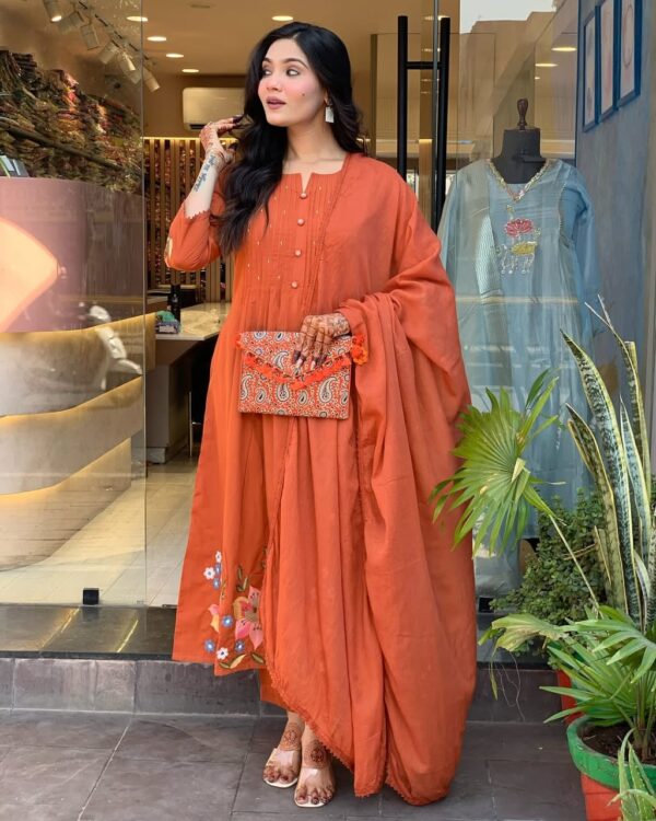 Pure Cotton Kurta Set with PrintEx & Hand Moti Work  – Floral Embroidery & Malmal Dupatta - Image 6