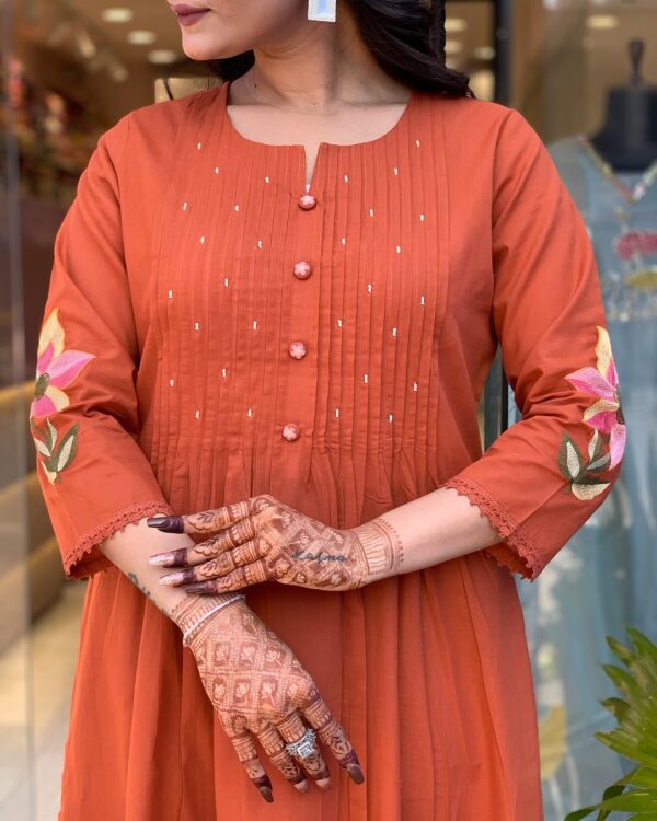 Pure Cotton Kurta Set with PrintEx & Hand Moti Work  – Floral Embroidery & Malmal Dupatta - Image 5