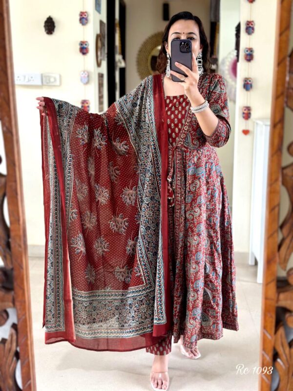 Flared Suit Set – Elegant Printed Cotton Kurta with Pant/Dupatta - Image 7