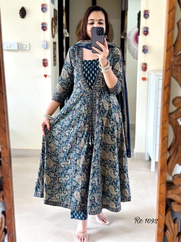 Flared Suit Set – Elegant Printed Cotton Kurta with Pant/Dupatta - Image 6