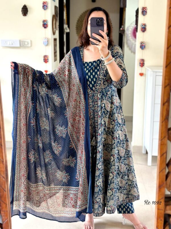 Flared Suit Set – Elegant Printed Cotton Kurta with Pant/Dupatta - Image 3