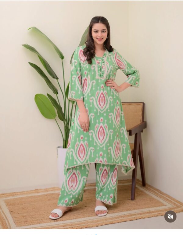 Jaipur Print A-Line Cotton Cord Set – Handcrafted Kurti with Side Pocket & Border Design