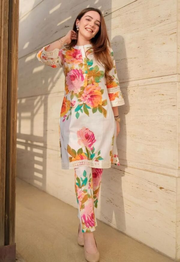 Floral Cream Kurta Pant Set with Lace Work – Stylish Summer Wear for Women - Image 3
