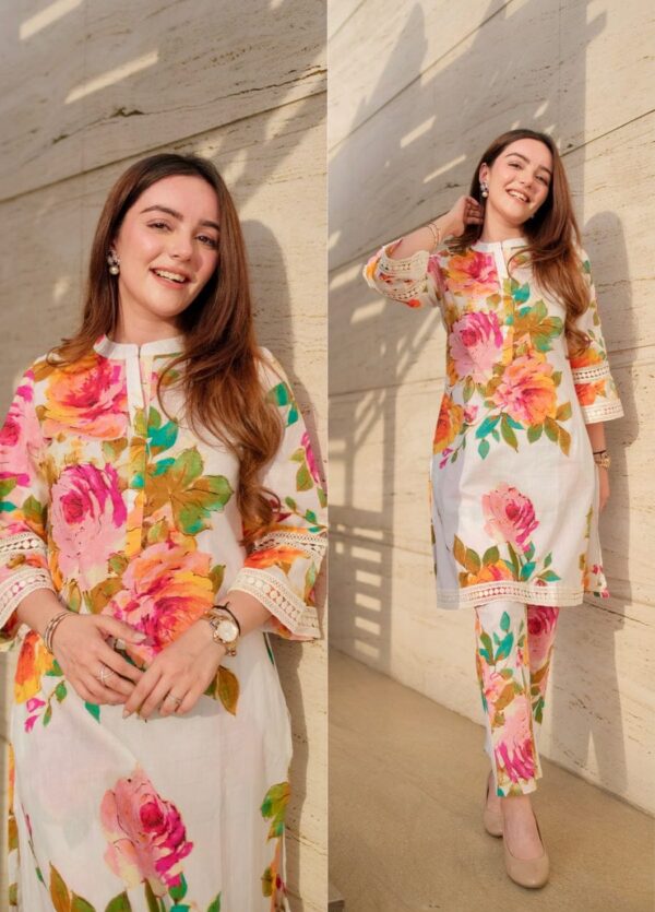 Floral Cream Kurta Pant Set with Lace Work – Stylish Summer Wear for Women - Image 4