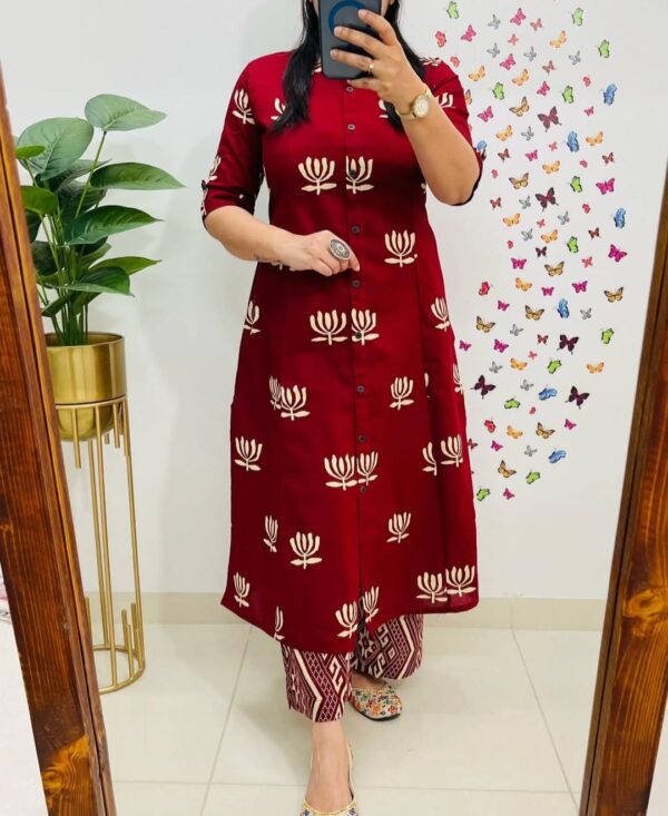 Premium Floral Cotton Kurti Palazzo Set for Women – Pure Cotton A-Line Kurta with Palazzo Pants
